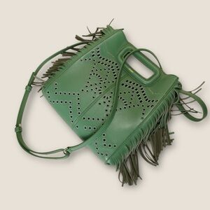 Maje Perforated Fringed Leather M Bag. Green #1548 NWT